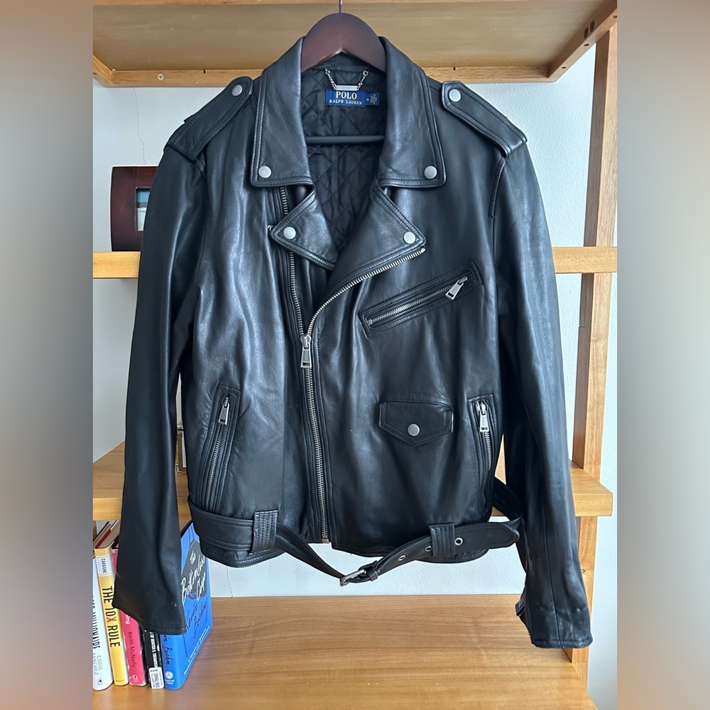 Polo Ralph Lauren Black Leather Biker Jacket - 100% Sheep Leather - size L